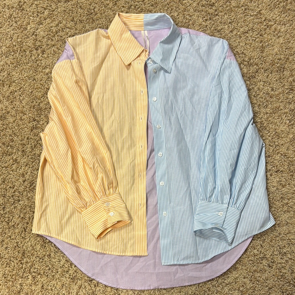 Blue, Purple, Orange Button Down Shirt with Vertical Stripes and Color Block